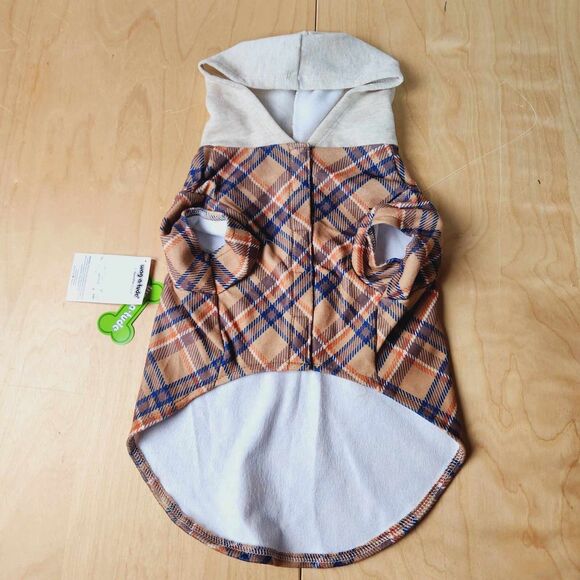 Wag-a-Tude Dog Flannel Hoodie Size M Brown Blue Plaid Shirt Pockets Warm NEW - Picture 3 of 5